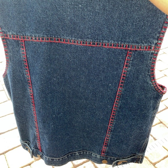 Cejon Jeans Jacket sz M Sleeveless Embellished Denim Vest Red Stitching EUC cute - Picture 15 of 17